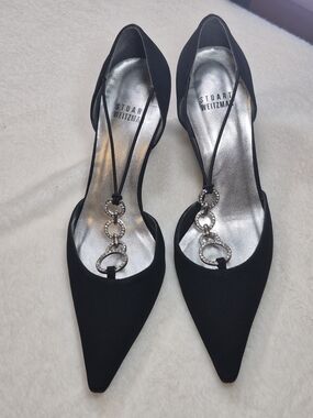 Stuart Weitzman Black Pointed D'Orsay Pumps with Crystal Loop Accent